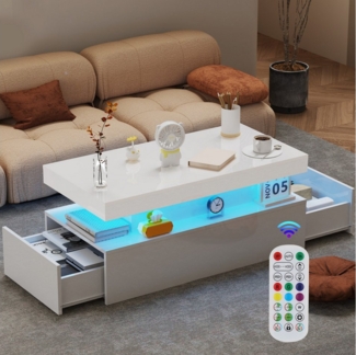 oyajia Couchtisch Wohnzimmertisch Hochglanz mit LED Beleuchtung & Fernsteuerung Modern (Bluetooth-Fernbedienung,App-Steuerung, offenen Fächern,stabil, pflegeleicht, modernes Hochglanz-Design), 95 x 48 x 42cm Beistelltisch,mit 2 Schubladen,Farbwechsel-LEDs