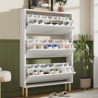 Merax Schuhschrank, Schmaler Schuhkipper mit 3 geriffelten Klapptüren – Schuhschrank mit 6 Ablageflächen für den Eingangsbereich, zeitgenössisches Design, Weiß