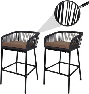 2er-Set Rope-Barhocker HWC-O22, Tresenhocker, Outdoor Sitzpolster Seilgeflecht Metall ~ anthrazit, Kissen taupe