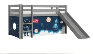 Kinderbett mit Rutsche Karolina Massivholz Grau Textilset Rakete