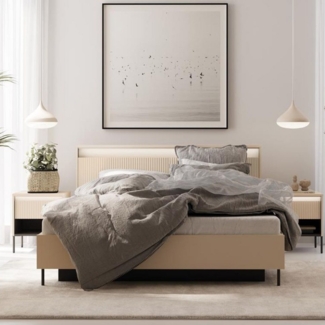 Compleo Stauraumbett mit geriffelter Front und LED Beleuchtung FLORE, TOP ANGEBOT! (Beige Bett), Lattenrost und Bettkasten kostenlos!