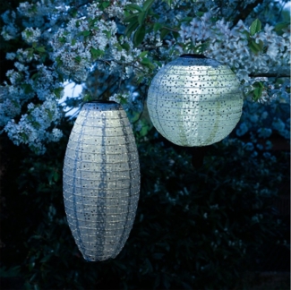 MARELIDA LED Lampion Solar Gartenlampions Blumenmuster blau Party Balkon Terrasse 2 Stück, LED Classic, warmweiß (2100K bis 3000K)