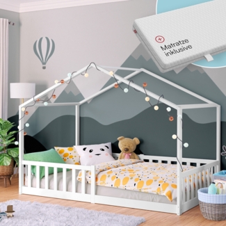 Bellabino 'Bia' Hausbett 120x200 cm mit Matratze, weiß, Kiefer Massivholz, Bodenbett in Hausoptik, Montessori Kinderbett mit Rausfallschutz und Lattenrost