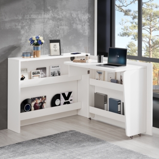 2-in-1 faltbarer Schreibtisch mit Rollen, Hochglanzweiß, kabelloses Laden, Anti-Kipp-Sicherung, Sideboard & Arbeitsplatz in Einem