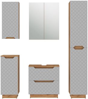 Badmöbel-Set Lotta Eiche/Grau mit Kachelstruktur 5 Teile Vicco