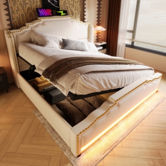 Polsterbett Vintage Bett mit hydraulischem Stauraum, LED-Beleuchtung und USB-C-Ladeanschluss, 140×200cm, ohne Matratze