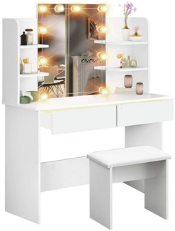 oyajia Schminktisch Frisierkommode mit Spiegel & Hocker, Schminktisch mit LED-Beleuchtung, Verstellbare Spiegel Schminktisch Schlafzimmer Kosmetiktisch 140cm