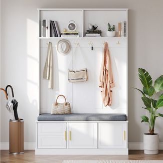 Merax Garderoben-Set mit Schuhbank & 6 Haken, (1-St, B120/T40/H191 cm), Garderobenständer Flurgarderobe mit Ablage & 3 Türen, freistehend