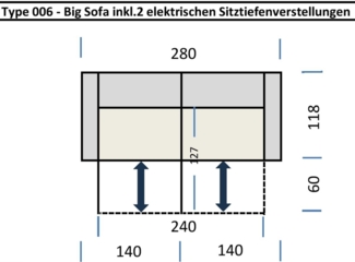 Big-Sofa >Wolve< 2x elektr. Sitzverstellung, Cord silbergrau - 280x108x118cm (BxHxT)
