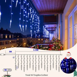 Rosnek LED-Lichtervorhang Eiszapfen-Anhänger, 8 Modi, Timer, für Traufe Weihnachtsdeko, Memory-Funktion, anschließbar, Niedrige Spannung, 96 LEDs, 3.5M