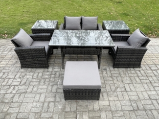 Fimous 5 Sitzer Polyrattan Gartenmöbel Set Terrassenmöbel Set mit Rattan Rechteckiger Esstisch Lounge Sofa mit 2 Beistelltischen Großer Fußhocker