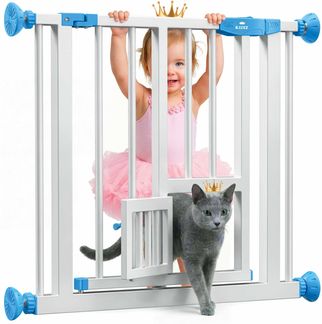 KIDIZ® Absperrgitter zum Klemmen mit Katzenklappe, Türschutzgitter, Autoclose Kinder Treppengitter ohne Bohren | 90° Stopp Schutz, schwenkbar, Treppenschutzgitter Blau, 74 - 80 cm