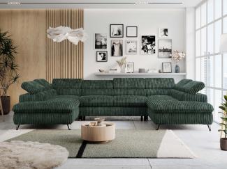 Ecksofa U-Form, mit Bettkasten, Bettfunktion und Einstellbare Kopfstützen, Sofa big XXL - PETER U - Grün Cord