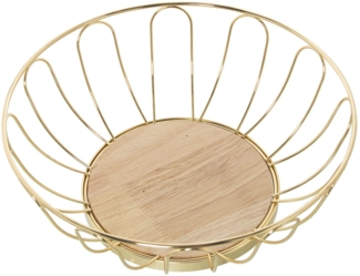 DRW Runde Obstschale aus Metall mit Holzbade in Gold und Natur 28x10 cm, Basis 16,5 cm, Metallic, estandar