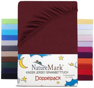 NatureMark 2er Pack Kinder JERSEY Spannbettlaken, Spannbetttuch 100% Baumwolle in vielen Größen und Farben MARKENQUALITÄT ÖKOTEX STANDARD 100 | 70x140 cm - bordeaux rot