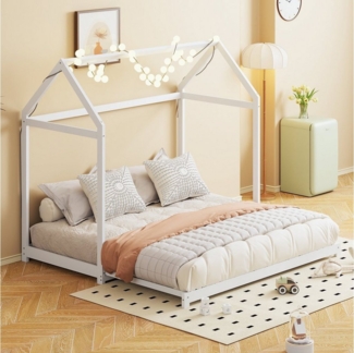 Flieks Massivholzbett, Einzelbett Kinderbett Hausbett mit Ausziehbett 90x190cm/180x190cm