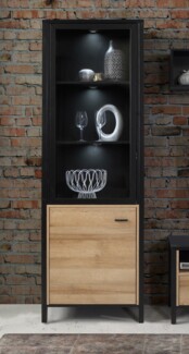 99rooms Harryson Vitrine III Riviera Eiche Schwarz Rechts mit LED-Beleuchtung
