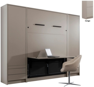 QMM TraumMöbel Schrankbett Wandbett GN 140x200 mit LED, Schreibtisch & 2 Schränken (Set) vertikal klappbar