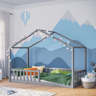 Bellabino 'Bia' Hausbett 90x200 cm, grau, Kiefer Massivholz, Bodenbett in Hausoptik, Montessori Kinderbett mit Rausfallschutz und Lattenrost