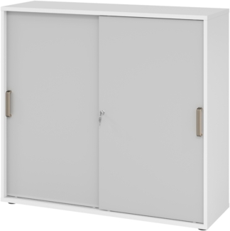 bümö Schiebetürenschrank 3OH - Aktenschrank abschließbar, Sideboard Schrank mit Schiebetüren in Weiß/Grau, Streifengriff - Büroschrank aus Holz mit Schiebetür, Büro Kommode für Ordner & Co, 1753S-W-5-SG