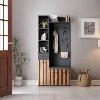 Merax Garderoben-Set 7-in-1 Kompaktgarderobe Flurmöbel in Schwarz-Holz, (Garderobenkombination Möbelset, 1-St, 80x35x175 cm), Sitzbank Schränken Schublade Ablagefächer Kleiderhaken Wäscheständer