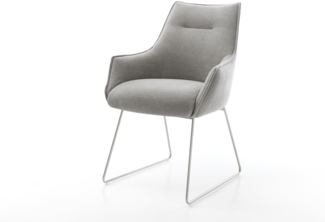 Esszimmerstuhl Alja-Flex mit Armlehnen Strukturstoff Soft Grau Kufengestell Edelstahl Taschenfederkern