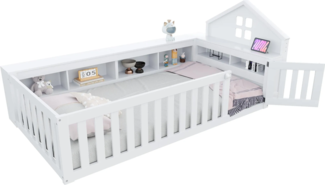 Kinderbett mit Lattenrost und Zaun, 90x200 cm, Rausfallschutz, Stauraum, Regal, Einzelbett, Jugendbett, Kiefer