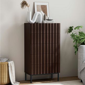 UEV Kommode schmal mit 4/5 Schublanden Sideboard Beistellschrank Buffet (Aufbewahrungskommode, Mehrzweckschrank aus Holz(Natur/Schwarz/Dunkelbraun), Schrank für Wohnzimmer,Schlafzimmer,Flur