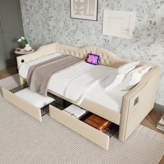 Tagesbett Beige mit Samtbezug, 2 Schubladen, USB & Type-C Ladeanschluss, 90x200 cm