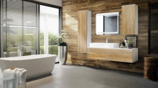 Vladon Badmöbel Komplettset Beach, Korpus in Weiß matt / Fronten in Eiche Natur, mit LED Spiegel, Aufsatzwaschbecken und Armatur