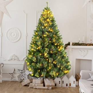 WHEELYOU Künstlicher Weihnachtsbaum LED PVC+PE mit Holzständer 180/210 cm, 210 LEDs, 1080 Zweige, Holzständer