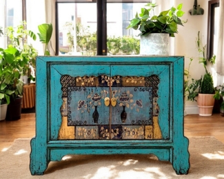 Asiatisches Kästchen Blau Braun Kommode Sideboard chinesisch Kolonial-Stil Antik-Stil Lowboard Schrank orientalisch Fernost shabby-chic Landhaus