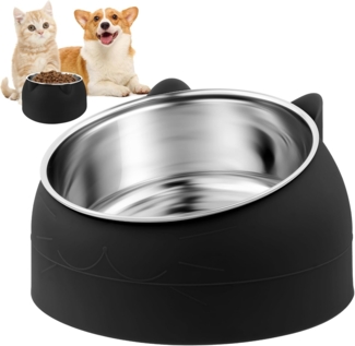 Futternapf aus Edelstahl für Katzen, 15° erhöhter und geneigter Futternapf, herausnehmbarer 400-ml-Napf für Katzen und Hunde, Nackenstütze, für Wasser, Nass- und Trockenfutter (schwarz).