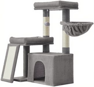 FEANDREA Katzenkratzbaum mit Höhle, Kratzbaum mit Rampe und Körbchen, 2 große Plattformen, hellgrau