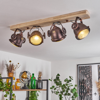 »Biati«, verstellbare Deckenlampe aus Metall/Holz/Glas in Rost/Braun/Natur/Klar, 4-flammig, 4 x GU10, max. 40 Watt, dreh- u. schwenkbarer Spot im Industrial Design m. Textilkabeln