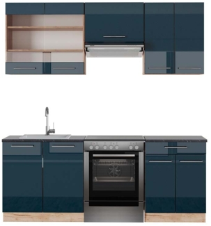 Küchenzeile Fame-Line Dunkelblau Hochglanz/Goldkraft Eiche 200 cm , AP Anthrazit Vicco