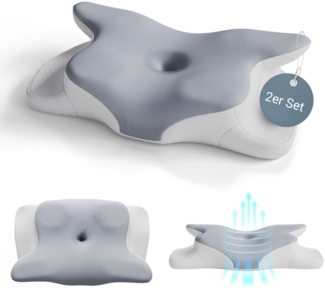Juskys Nackenkissen 2er Set - Ergonomisches Nackenkissen mit Memory-Foam, atmungsaktivem Bezug - Kissen für den Nacken, gesunder Schlaf - weiß/grau