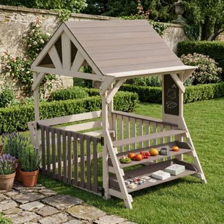 Merax Outdoor-Spielküche Massivholz, Hausform Kinderküche Küchenset mit regensicherem Dach 147.5x114x156cm