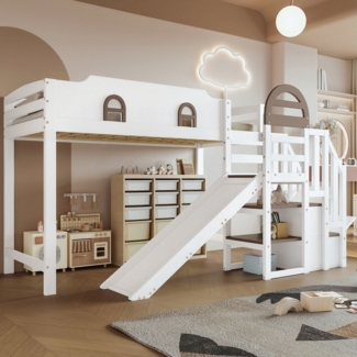 STILVORA Kinderbett 90x200 Hochbett mit Stauraum&Kinderrutsche,Einzelbett mit Treppe,Weiß (Kinder-Etagenbett mit Fenster & Rutsche, Stauraumtreppe mit 2 Schließfächern, Sicheres & Verspieltes Design, Kiefer+MDF, 90x200 cm), ohne Matratze