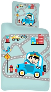 Baby Kinder Bettwäsche Motiv Polizei, Straße, Hydrant, Tanksäule, Gebäude, Motorrad, Taxi Bettdecke 100x140 + Kopfkissen 40x45 cm 100% Baumwolle