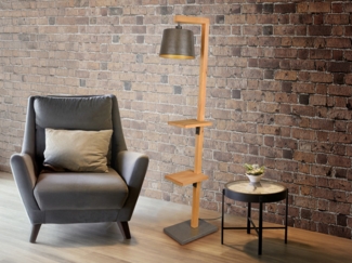 Stehlampe RODRIGO mit Holz Ablage - Metall Lampenschirm Silber, Höhe 165cm