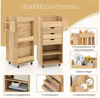 COSTWAY Rollcontainer, mit 3 Schubladen, Fächern Bastelwagen Holz weiß