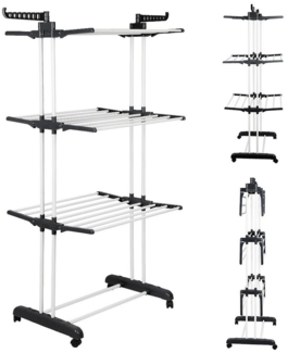 JEOBEST Wäscheständer Turm Klappbar Wäschetrockner 3 Ebenen, Standtrockner 64x75x170 cm, Platzsparender, mit 6 Klappbare Flügel und 2 Seitenflügel