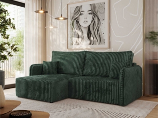 L-förmiges Ecksofa mit Armlehnen, für das Wohnzimmer, Schlaffunktion und Bettkästen, Wellenfeder am Sitz, losen Kissen - MESTO - Grün Cord - linke Seite