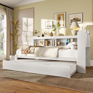 Schlafsofa 90x200 cm, Tagesbett mit ausziehbarem Rollbett, multifunktionales mit USB-Ladeanschlüssen und Steckdose