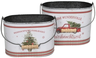 finehomegarden Blumentopf Eimer mit Henkel Metall Weihnachtsmotiv Tanne/Auto Spruch farbig (Set, 2 St, 2er-Set), H15cm + H18cm Blumentof 2er Set oval Übertopf Pflanzeimer