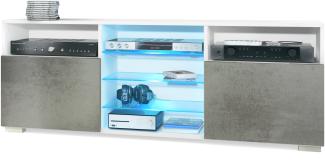 TV-Board Granada, Lowboard mit 2 Türen und 6 offenen Fächern, Korpus Weiß matt, Fronten in Beton dunkel Optik mit RGB LED-Beleuchtung (146 x 54 x 35 cm)