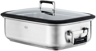 RÖSLE Silence Pro Bräter rechteckig, Hochwertiger Bräter mit Glasdeckel, Edelstahl 18/10, backofengeeignet, induktionsgeeignet, spülmaschinengeeignet, silbern