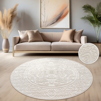 Paco Home Teppich In- & Outdoor, Moderne abstrakte Boho Designs mit 3D Struktur, robust & wetterfest, ideal für Terrasse Wohnzimmer & Küche, Grösse:200 cm Rund, Farbe:Creme 3