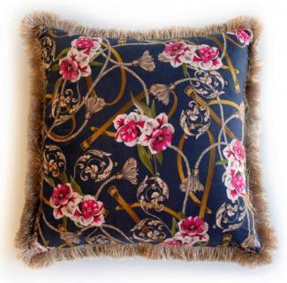 Casa Padrino Luxus Deko Kissen Barock Blumen Design Blau / Mehrfarbig / Braun 45 x 45 cm - Bedrucktes Samt Kissen mit Fransen - Deko Accessoires